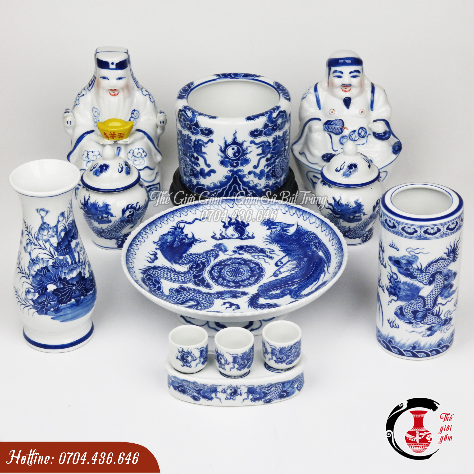 Bộ đồ thờ thần tài gốm sứ Bát Tràng men trắng truyền thống
