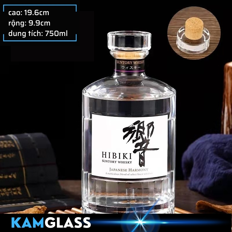 Vỏ chai Hibiki 750ml nút bần chai thủy tinh Hibiki cao 500ml nắp thủy tinh đặc nguyên khối - Kamglass
