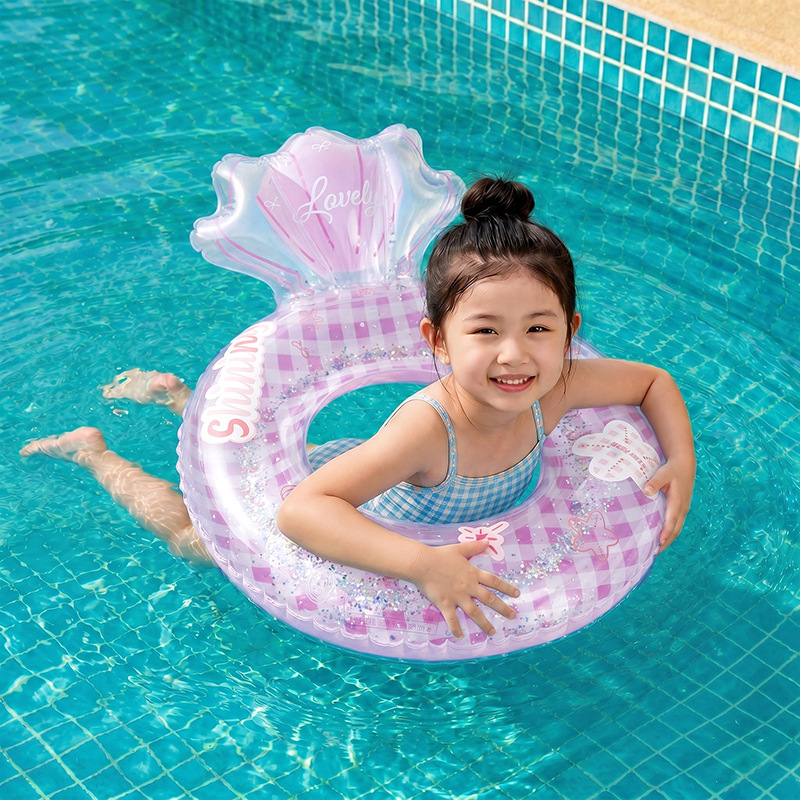 Phao Bơi Trẻ Em Hình Vỏ Sò Cao Cấp Kim Tuyến Lấp Lánh Có Tựa Lưng Chất Liệu PVC Dày Cho Bé Đi Bơi