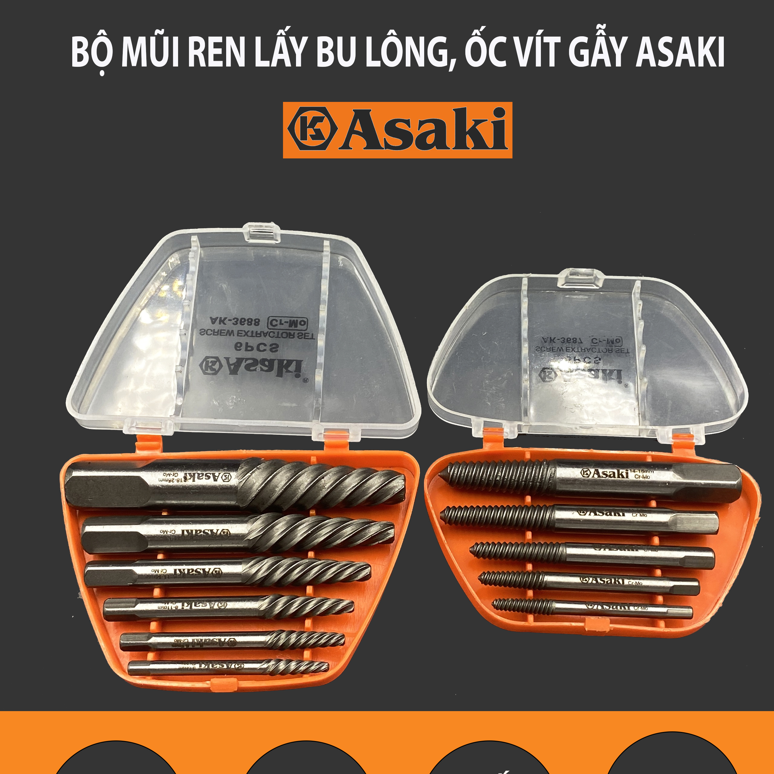 Bộ mũi ren tháo bu lông, ốc vít gãy chính hãng ASAKI AK-3687 và AK-3688