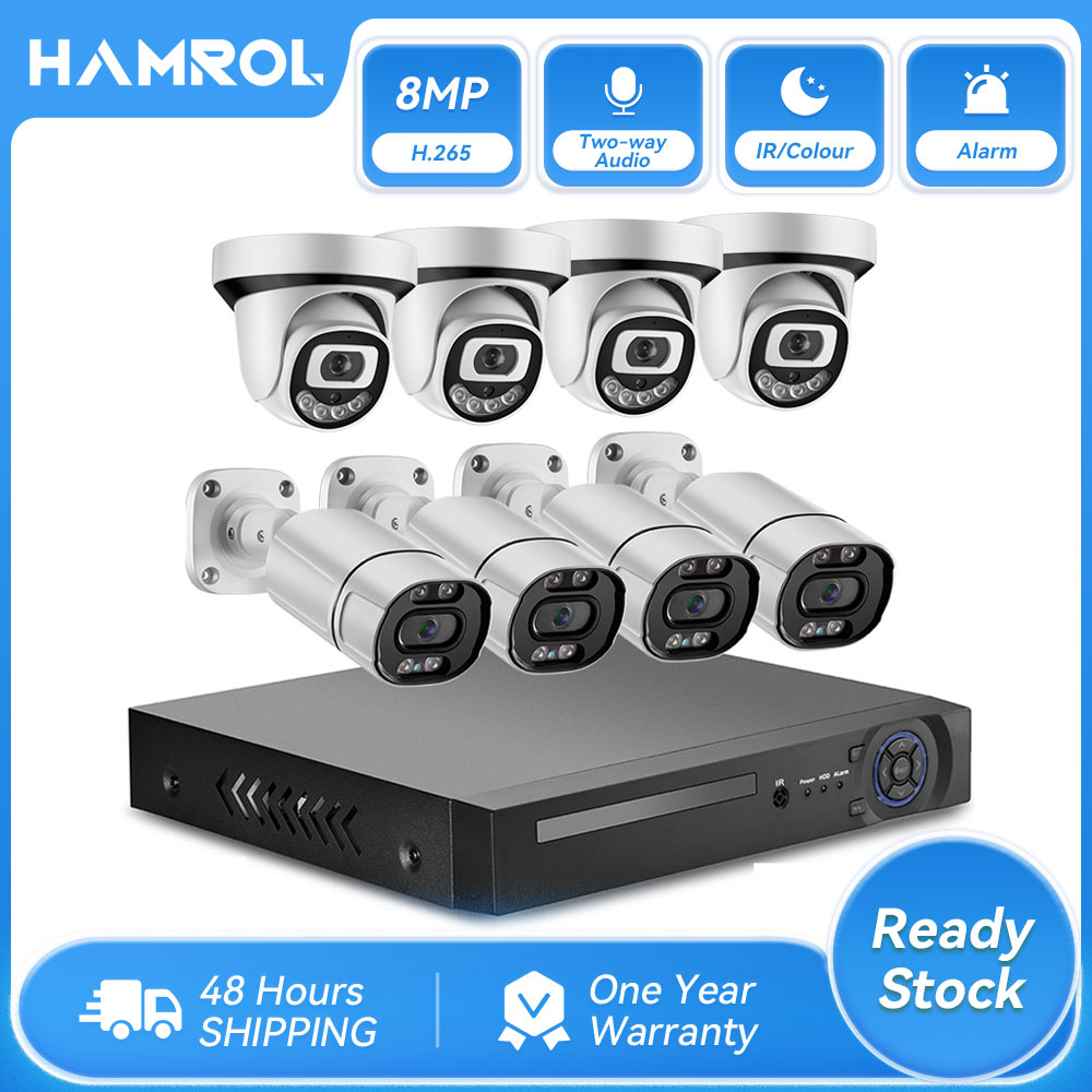 Hamrol 4k 8mp 8ch poe security camera system color night vision video surveillance kit audio outdoor home ip camera cctv nvr set p2p