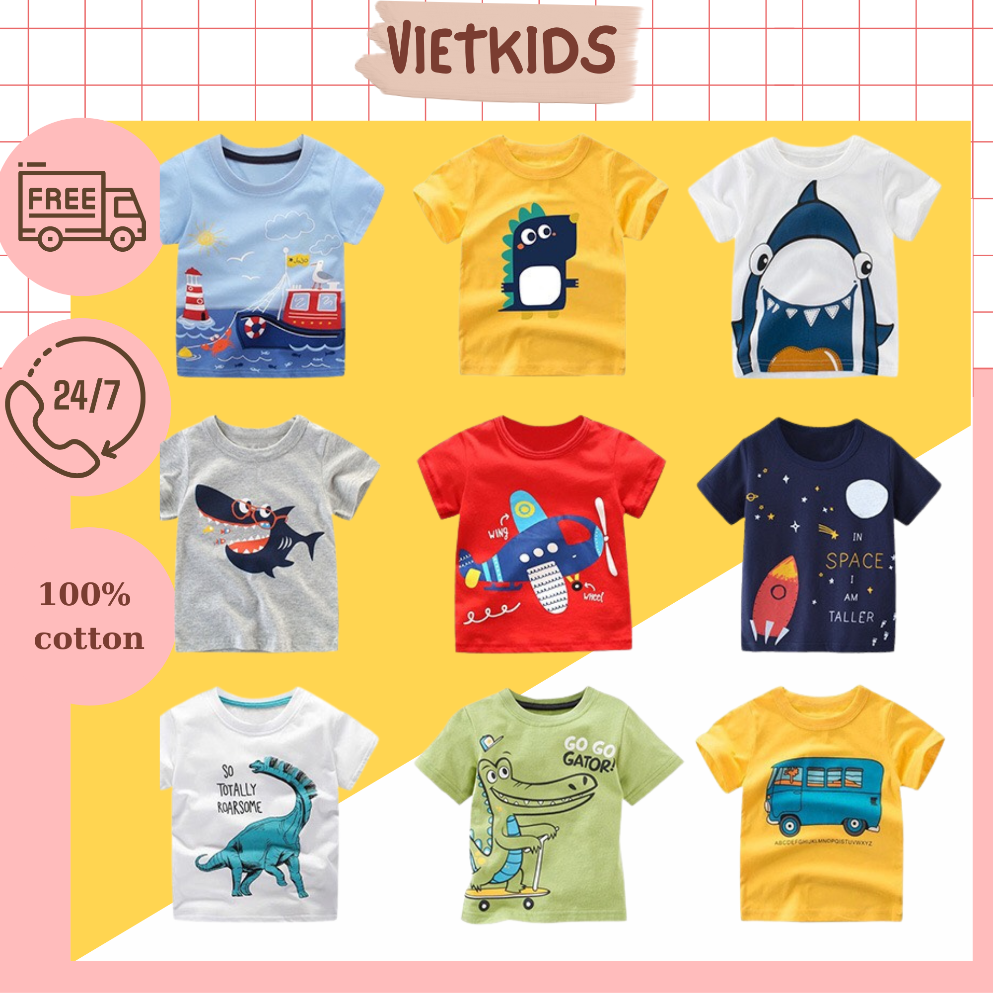 Áo Phông cộc tay 100% vải cotton mát lạnh cho bé trai xuất Hàn/Áo Thun cộc tay cho bé hình in sắc nét, cực thoáng mát