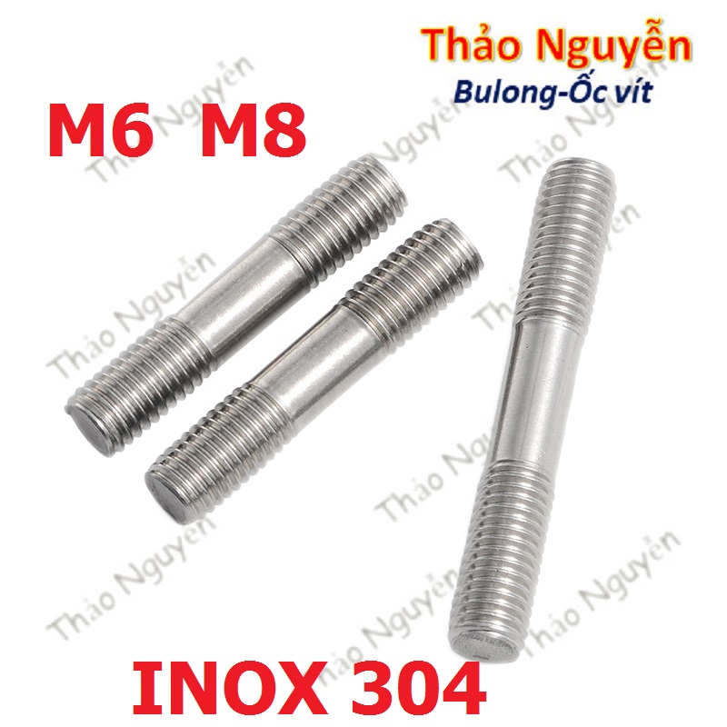 Bulong 2 đầu ren, guzong inox 304 m6 m8 inox 304