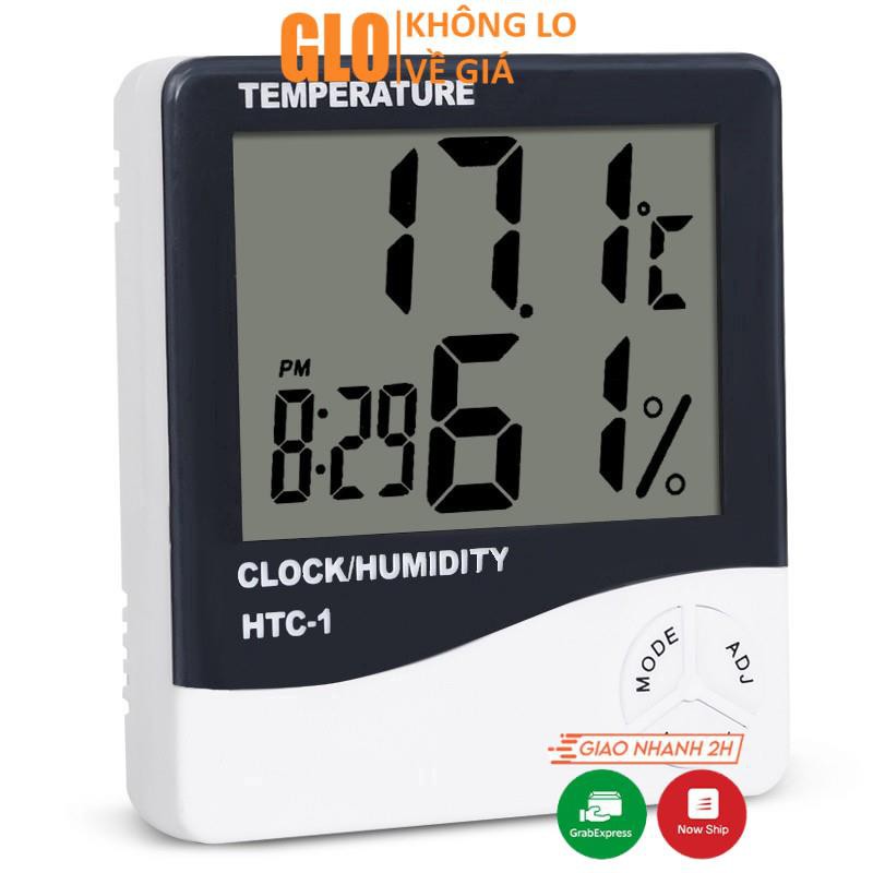 Nhiệt ẩm kế htc-1, máy đo nhiệt độ, độ ẩm, kiêm đồng hồ báo thức, lịch để bàn màn hình lcd có kèm pin