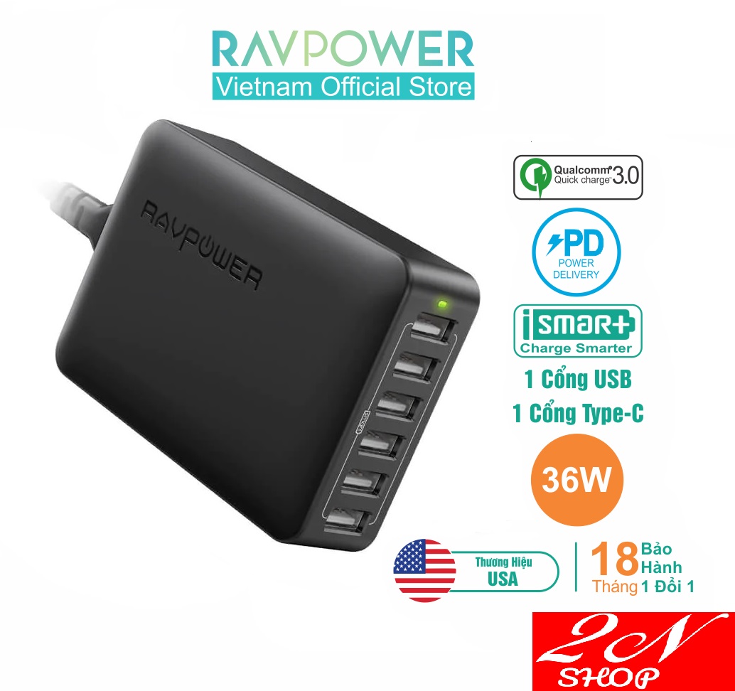 Sạc tường ravpower rp-pc028 60w 12a 6 cổng usb