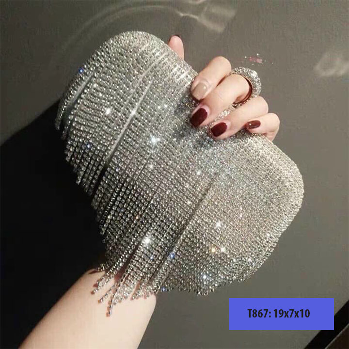 Ví nữ cầm tay dự tiệc đẹp, bóp cầm tay nữ dự tiệc, cưới đính đá tua rua sang trọng - T867