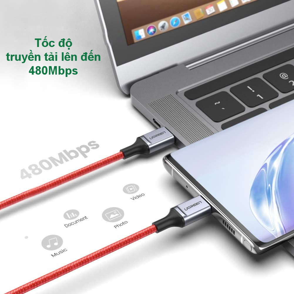 Cáp sạc và truyền dữ liệu 2 cổng USB type C, hỗ trợ sạc nhanh PD 60W, dòng tối đa 3A dây bện nylon dài 1m UGREEN US296 60186 Cáp sạc và truyền dữ liệu 2 cổng USB type C, hỗ trợ sạc nhanh PD 60W, dòng tối đa 3A dây bện nylon dài 1m UGREEN US296 60186