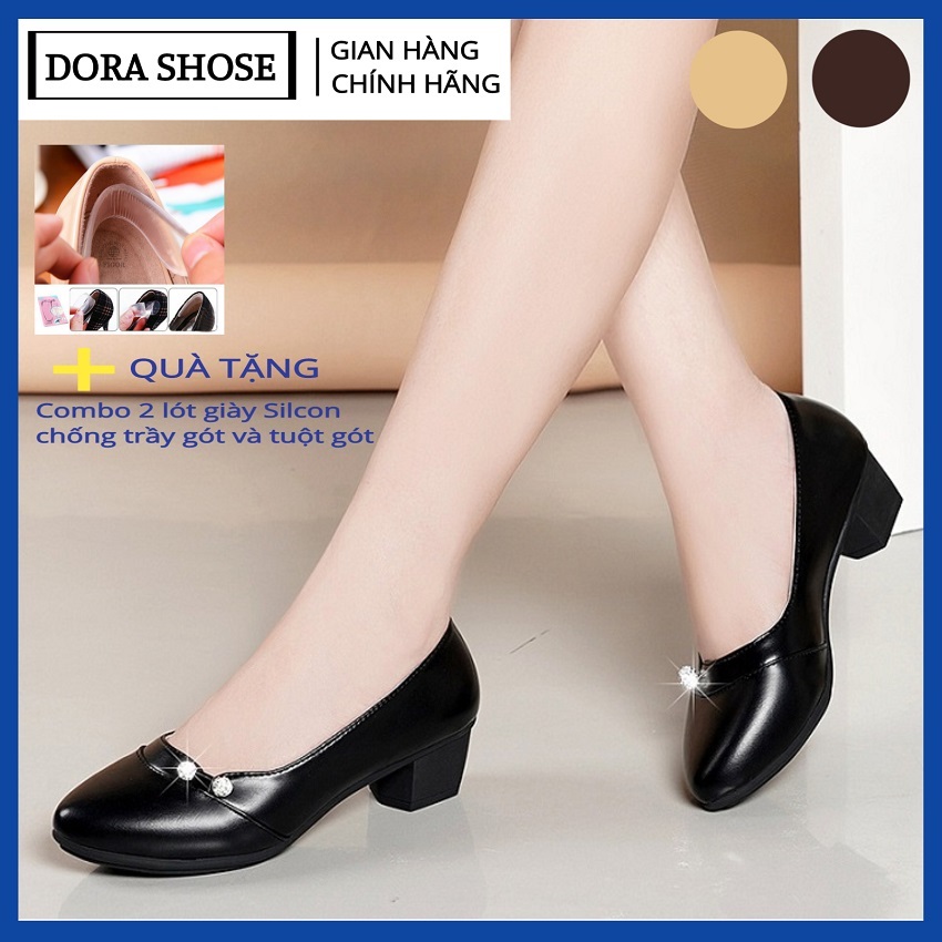 Giày cao gót nữ 4cm - giày cao gót công sở DORA đế vuông đính đá sang chảnh - Tặng kèm lót giày Silicon