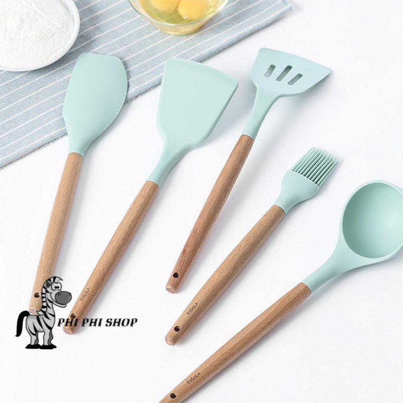 Dụng cụ bếp bằng silicone cán gỗ sồi tự nhiên Fasola SH-121 : xẻng xào , phới vét bột, cọ quét dầu , muôi múc canh