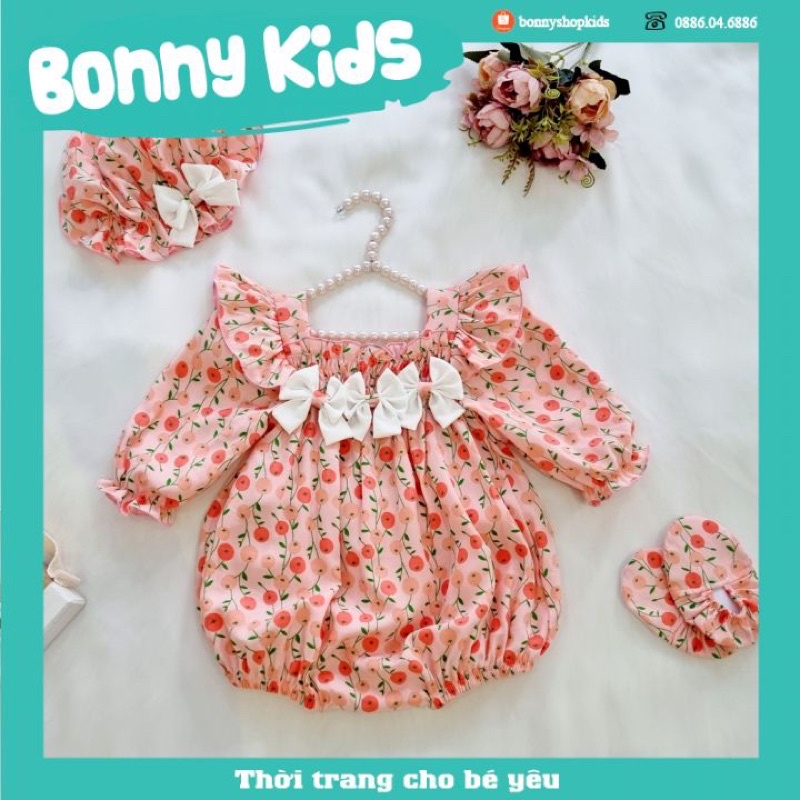 Bodysuit dài tay quả hồng ba nơ cho bé gái sơ sinh 0-12 tháng kèm mũ, váy sơ sinh, bodychip đầy tháng, bodysuit sơ sinh