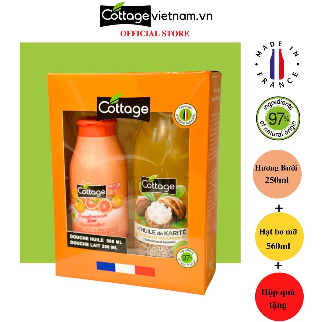Combo hộp quà tặng 2 món sữa tắm dưỡng ẩm cottage 250ml hương hoa bưởi và 560ml hạt bơ mỡ