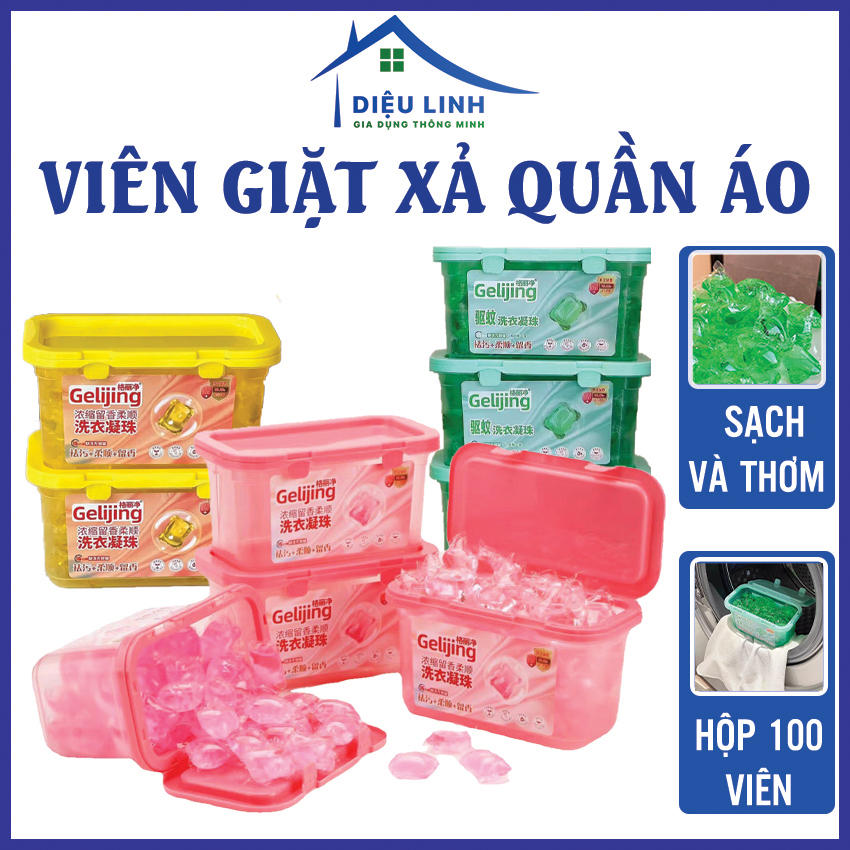 Viên nước giặt quần áo hộp 100 viên giặt xả quần áo viên nước giặt quần áo gelijing hương hoa anh đào, nước giặt xả nước hoa hộp 100 viên, viên nước giặt tự tan trong nước tramanhshop