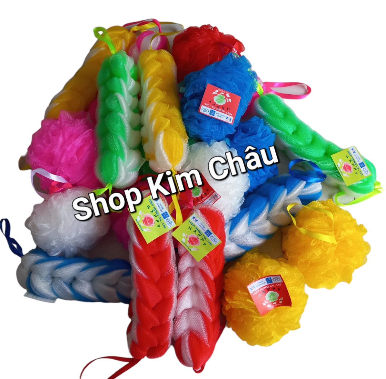 Bông tắm tròn, bông tắm dài chà lưng, bông tắm tạo bọt, màu ngẫu nhiên