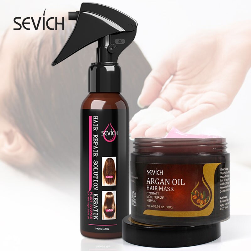 Bộ Chăm Sóc Tóc SEVICH, Mặt Nạ Dưỡng Tóc Argan & Serum Dưỡng Tóc Keratin Phun Sửa Chữa Hư Tổn Tóc