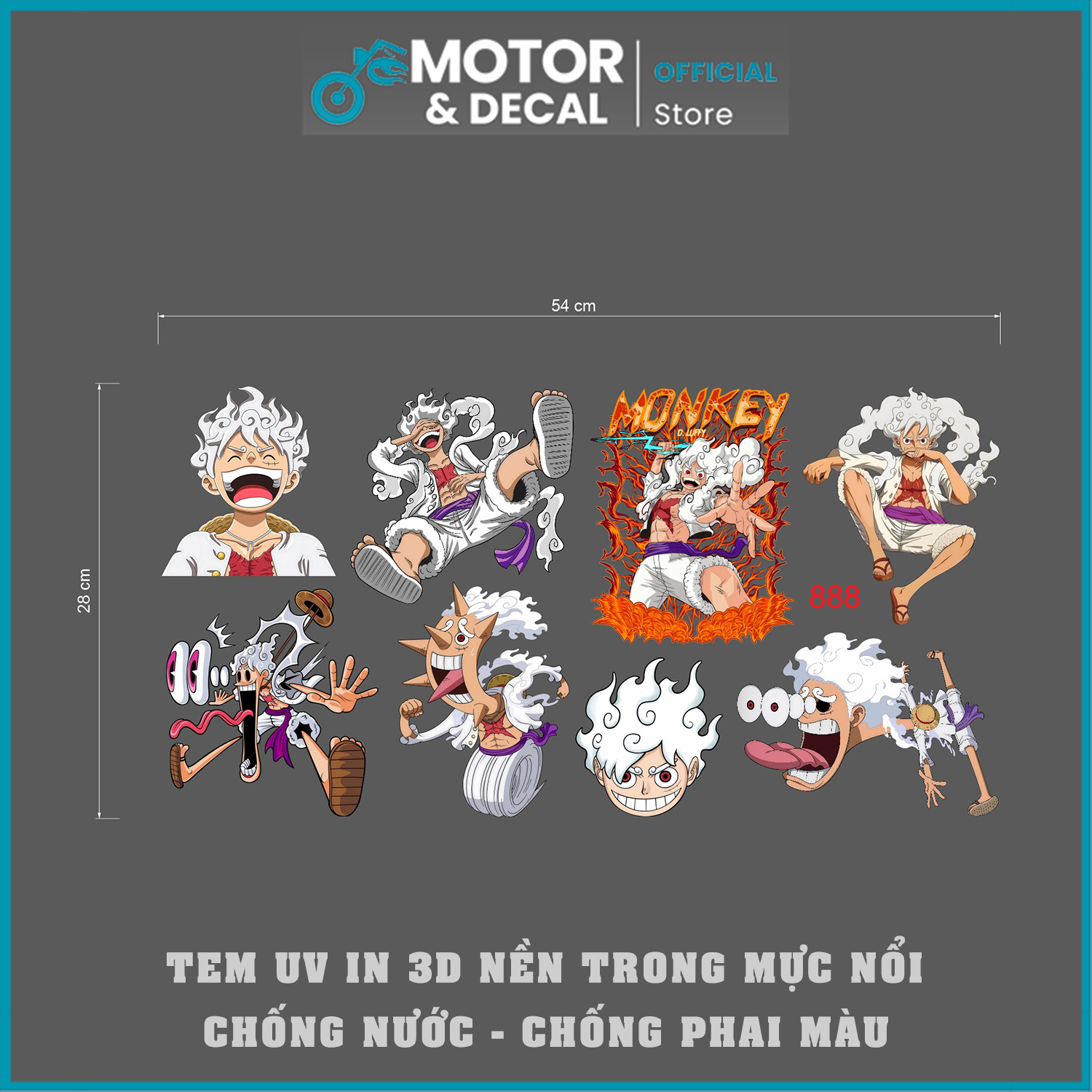 Tem Dán Xe , Sticker LUFFY GEAR 5 Dán Trang Trí Ô tô , Xe Máy , Nhà Cửa - Tem UV In 3D Nền Trong Mực Ánh Nhũ Cao Cấp - Dán Cho Tất Cả Các Màu Xe | MOTOR & DECAL