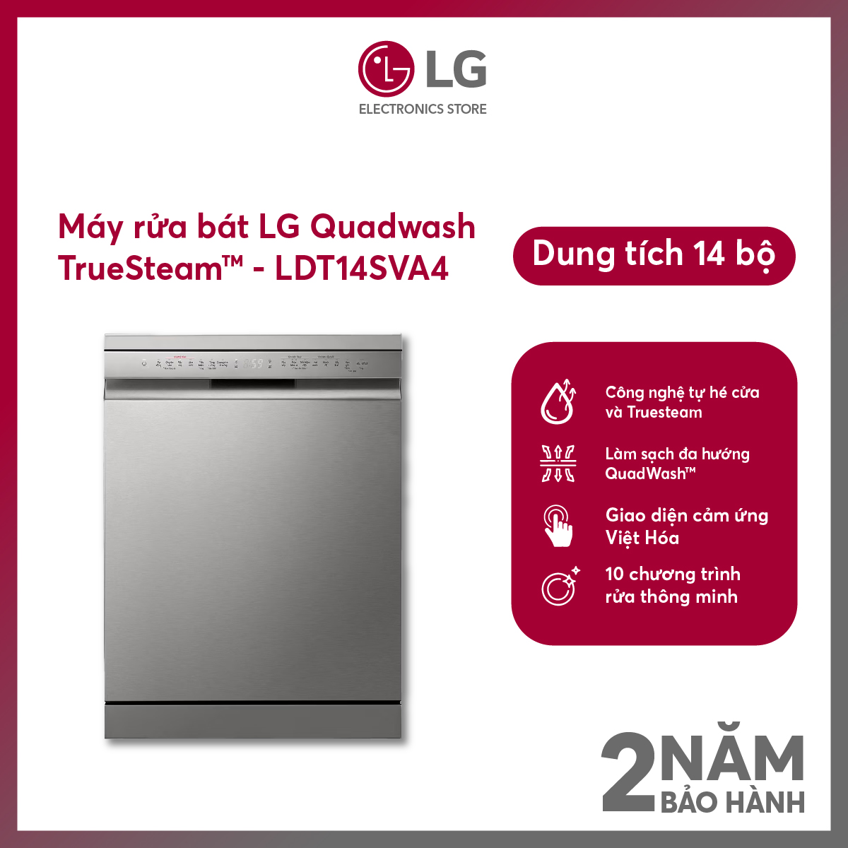 [FreeSHIP COD + Lắp Hà Nội] Máy rửa bát LG LDT14SVA4 14 bộ độc lập, sấy ngưng tụ hé cửa tự động
