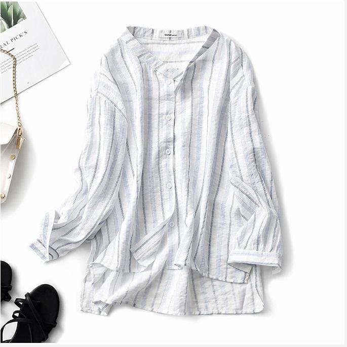 Áo sơ mi kẻ sọc nữ form rộng, áo sơ mi sọc nữ, áo sơ mi nữ cổ trụ, áo sơmi nữ vintage dài tay Hàn Quốc AKira Store