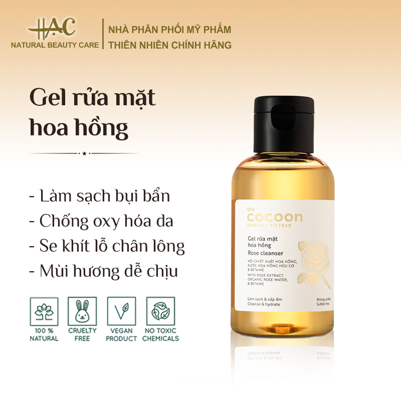 Gel rửa mặt Hoa Hồng 140m làm sạch bụi bẩn, dịu da, chống oxi hóa, mùi hương thơm dịu - Cocoon - HẠC Natural Beauty Care