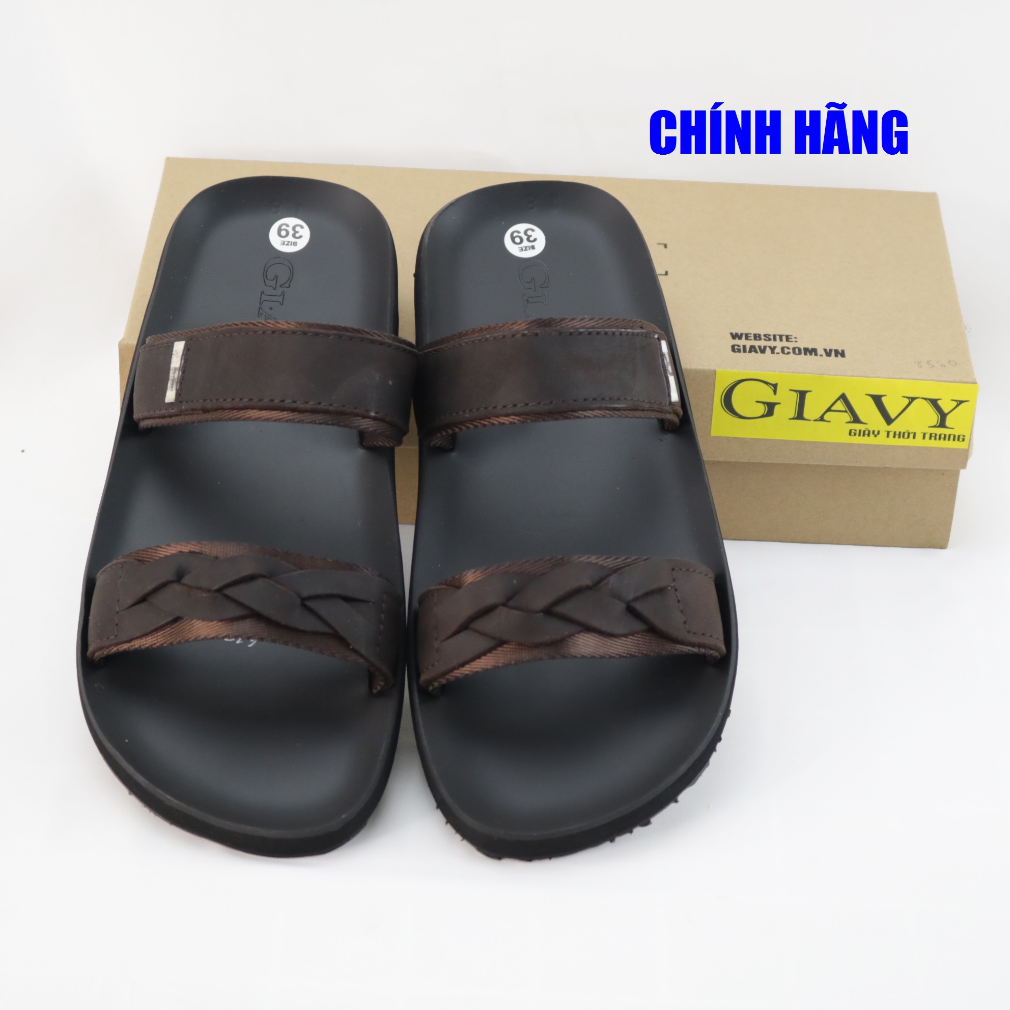 Dép nam Giavy quai 2 dây ngang chất da phối dù TL532