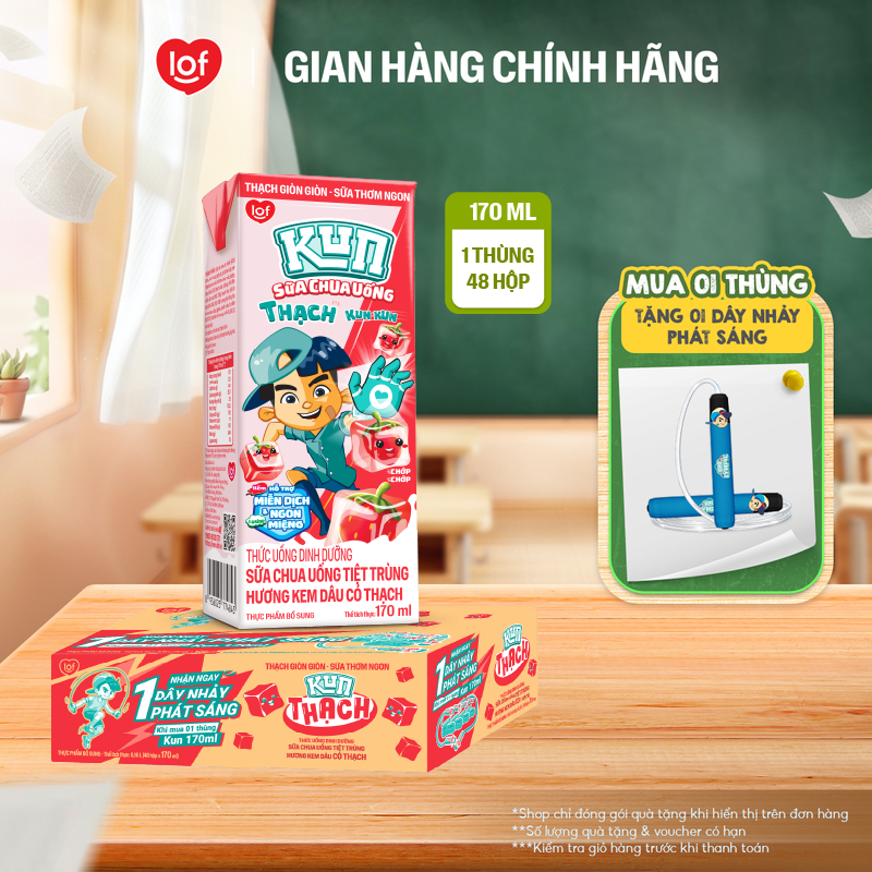 Kun Sữa chua uống hương Kem Dâu có Thạch thùng 48 hộp x 170ml