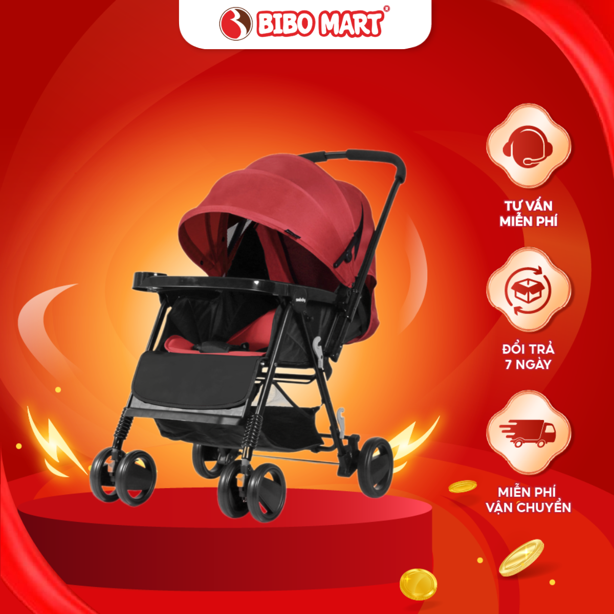 Xe Đẩy 2 Chiều Seebaby T11 Plus Màu Đỏ - Bibo Mart