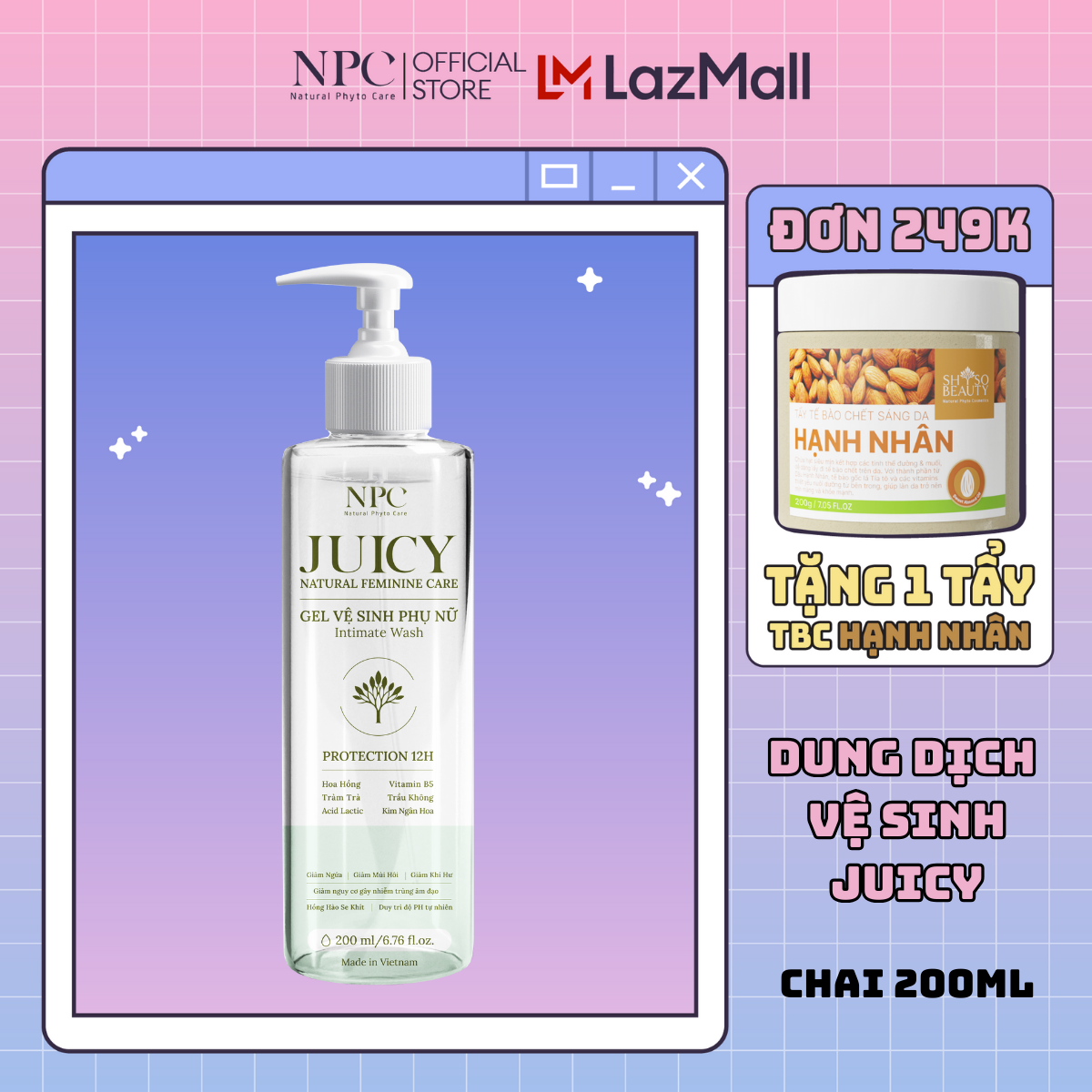 Dung dịch vệ sinh phụ nữ Juicy chai 200ml tinh chất trầu không - NPC phar