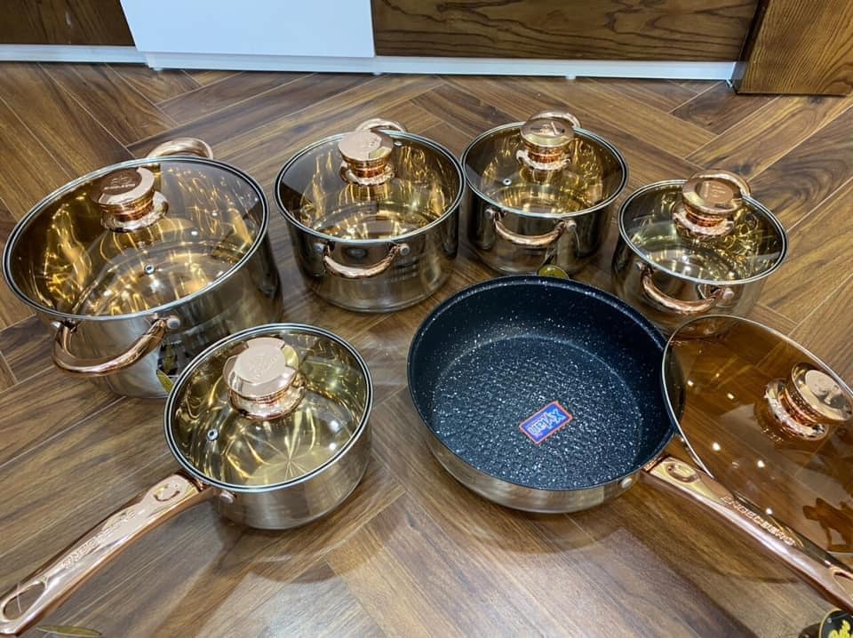 bộ nồi Đức 6 món 12 chi tiết nhập khẩu nguyên bộ từ đức - siêu đẹp- siêu bền- 5 đáy inox 304 dùng được tất cả cho các loại bếp từ , bếp hồng ngoại ... Bảo Hành 12 Tháng