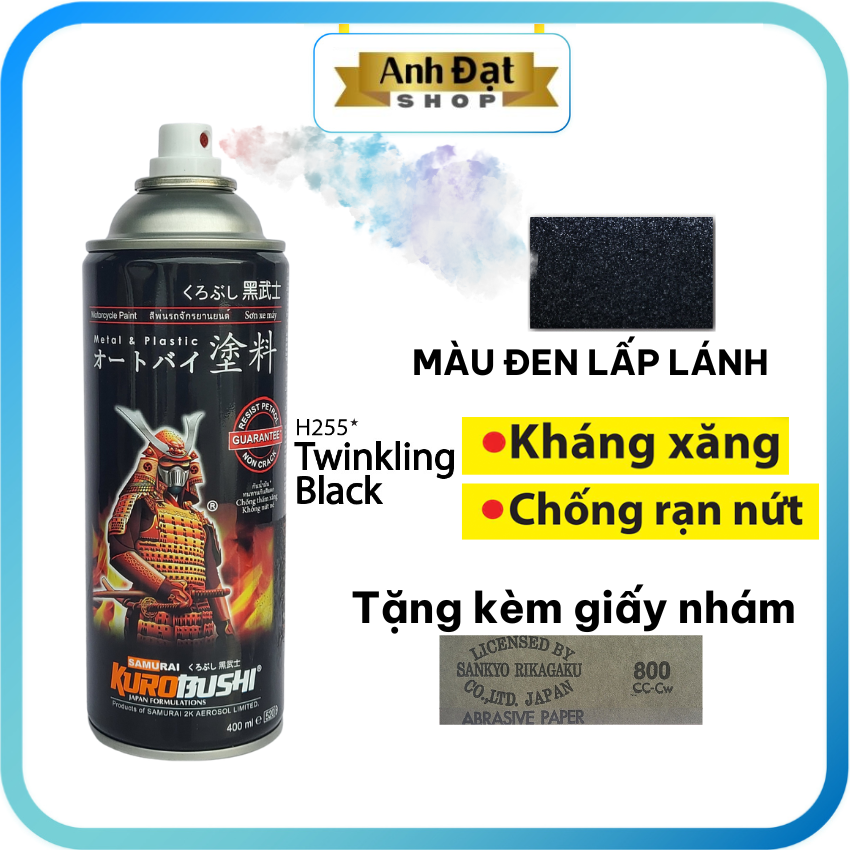 Màu đen lấp lánh H255*, dung tích 400ml, có khả năng kháng xăng , chống rạn nứt