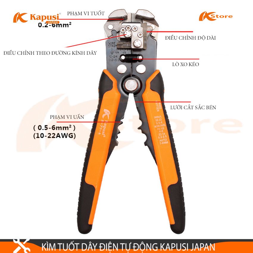 Kìm tuốt dây điện tự động kapusi japan, phạm vi tuốt 0.2-6mm, kìm tuốt dây điện nhật bản, kềm tuốt dây điện, kem tuot day dien