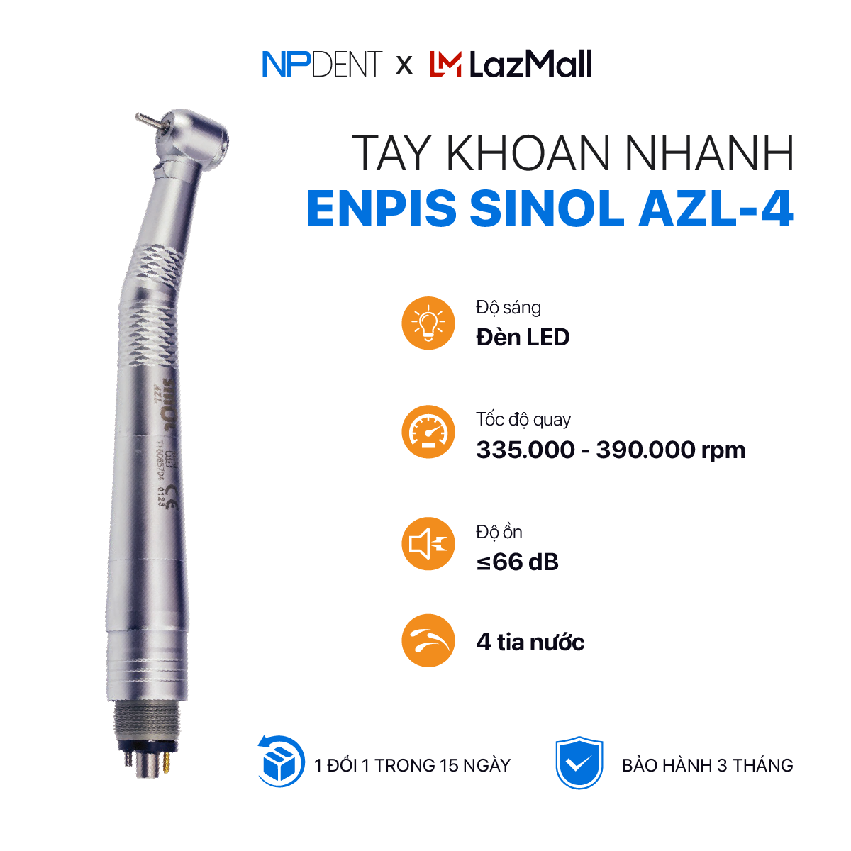 Tay khoan nhanh enpis sinol azl-4, tay khoan tốc độ cao nha khoa npdent với 4 tia nước làm mát mạnh mẽ, đảm bảo vận hành mượt mà, ổn định - bảo hành chính hãng 3 tháng