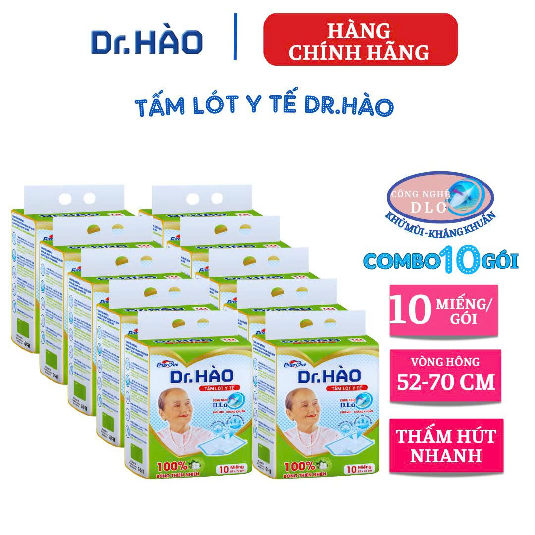 {Hàng chính hãng} Tấm lót y tế DR.HÀO 10 miếng kích thước 52*70cm (BAO GỒM RÌA NILON) Tấm trải giường hỗ trợ người già, người bệnh và phụ nữ sau sinh làm từ bông thiên nhiên kháng khuẩn, khử mùi, thấm hút tối đa