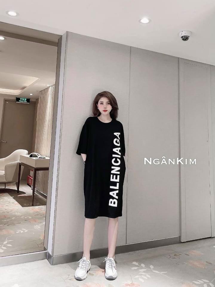 váy suông cộc tay phom rộng in chữ BB hai màu cơ bản