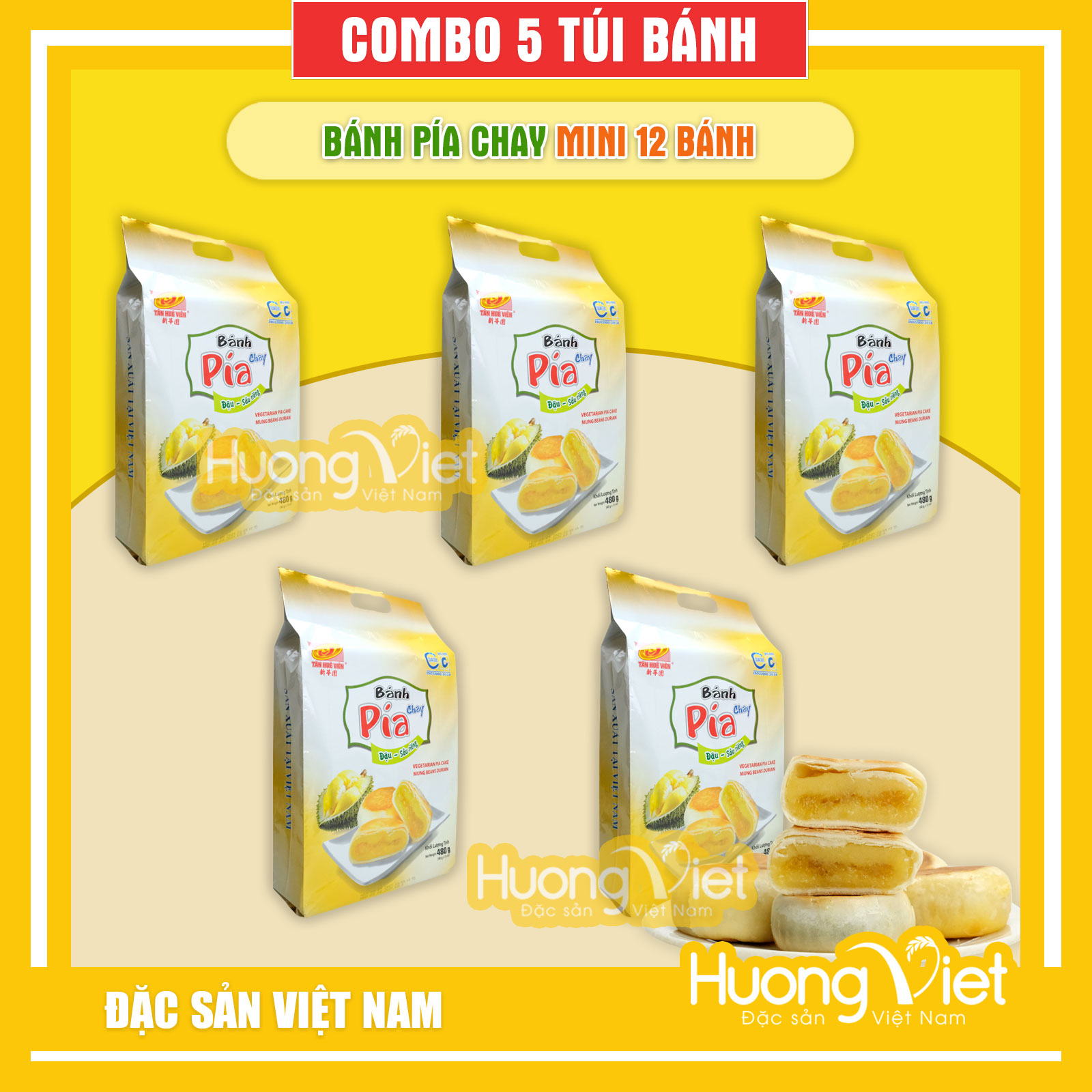 Combo 5 gói bánh Pía Chay Mini Tân Huê Viên 480gr, bánh pía đặc sản Sóc Trăng