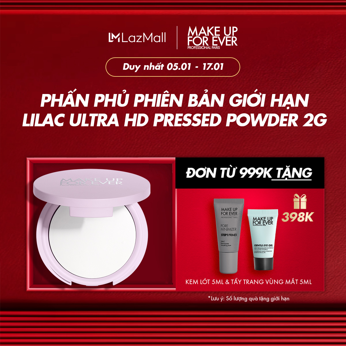 Phấn phủ dạng nén phiên bản giới hạn màu sắc Lilac Ultra HD Pressed Powder BTG 2G 01 - Make Up For Ever