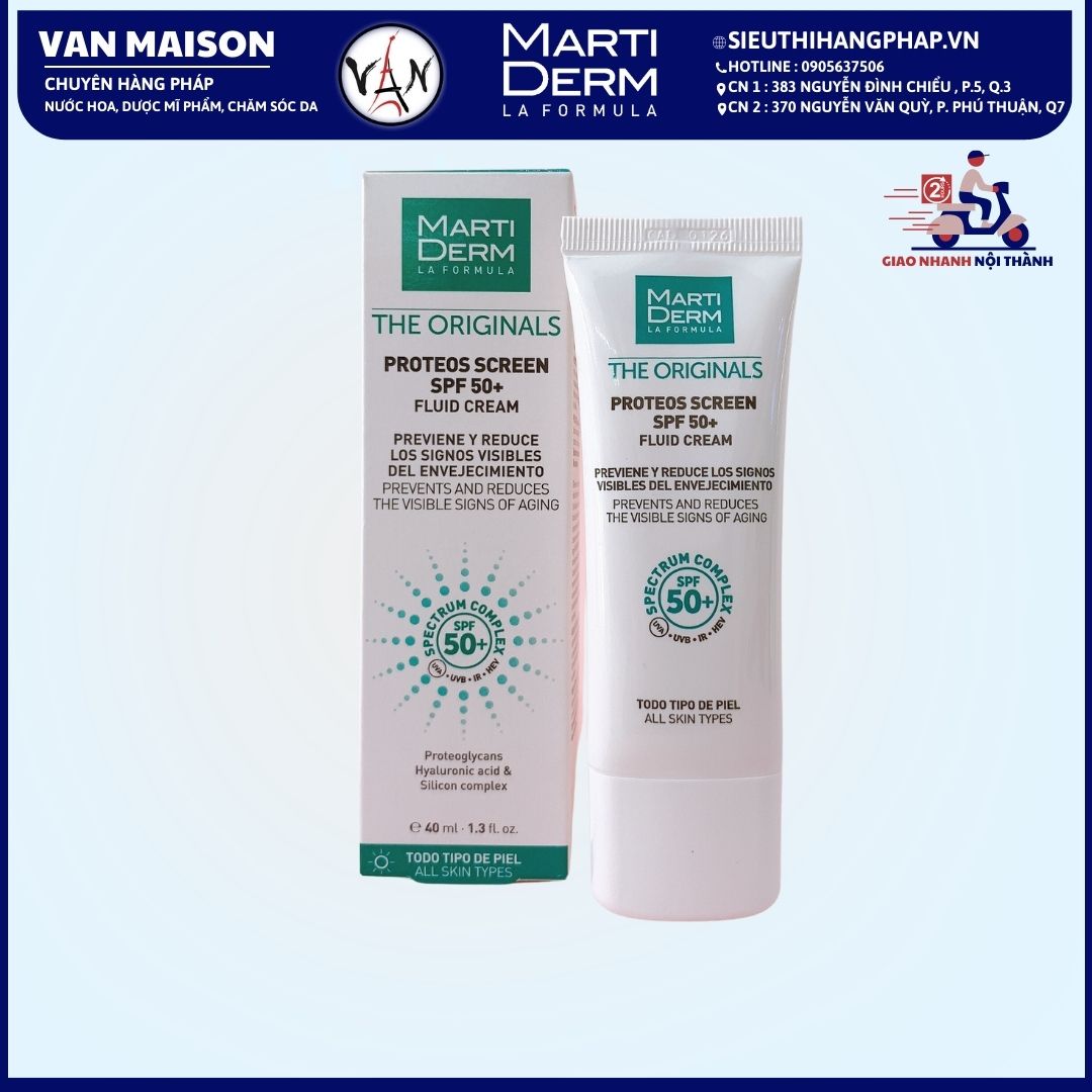 Kem chống nắng phổ rộng toàn diện ngừa lão hóa, nám da martiderm proteos screen spf 50+ fluid cream 40ml