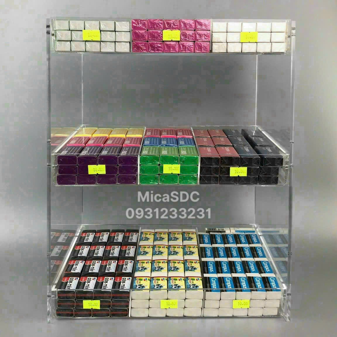 Kệ mica trưng bày bút viết văn phòng phẩm - Kệ đựng dụng cụ văn phòng phẩm 3 tầng