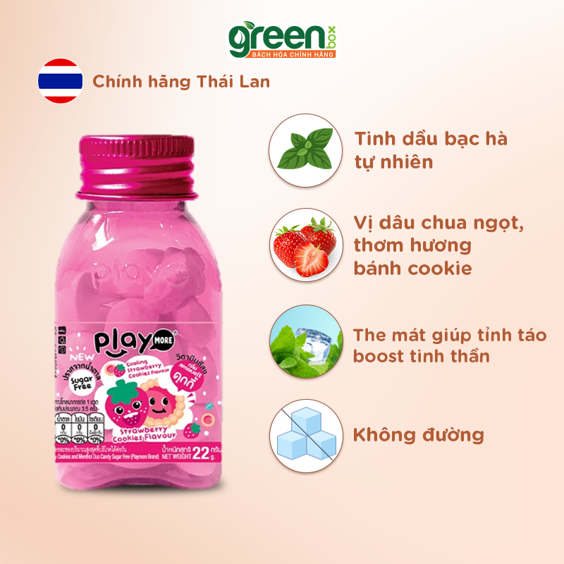Combo 4 loại kẹo, Hũ kẹo ngậm the không đường Thái lan vị bánh cookie dâu Playmore 22g, kẹo the thơm miệng
