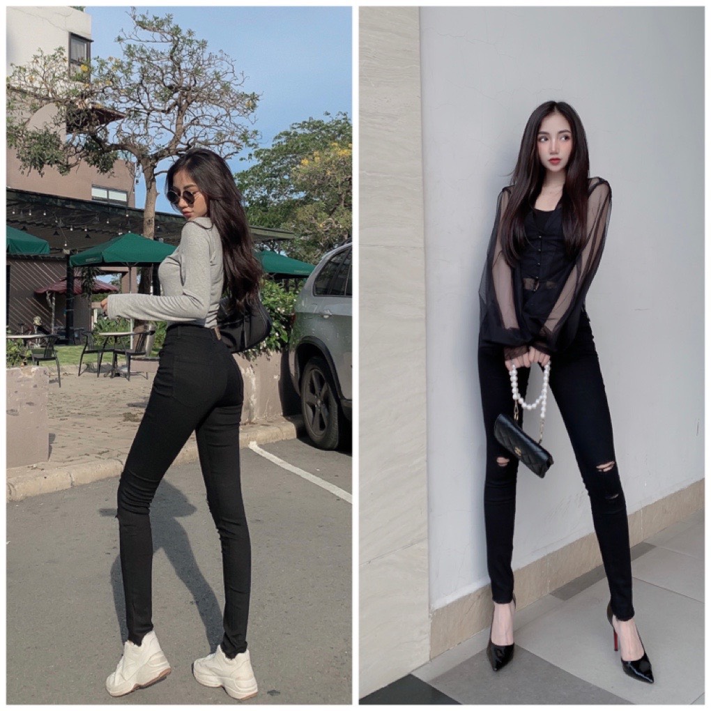 Quần Jean nữ lưng cao rách gối ,skinny rách co giãn lưng cao, Quần jean skinny đen lưng cao