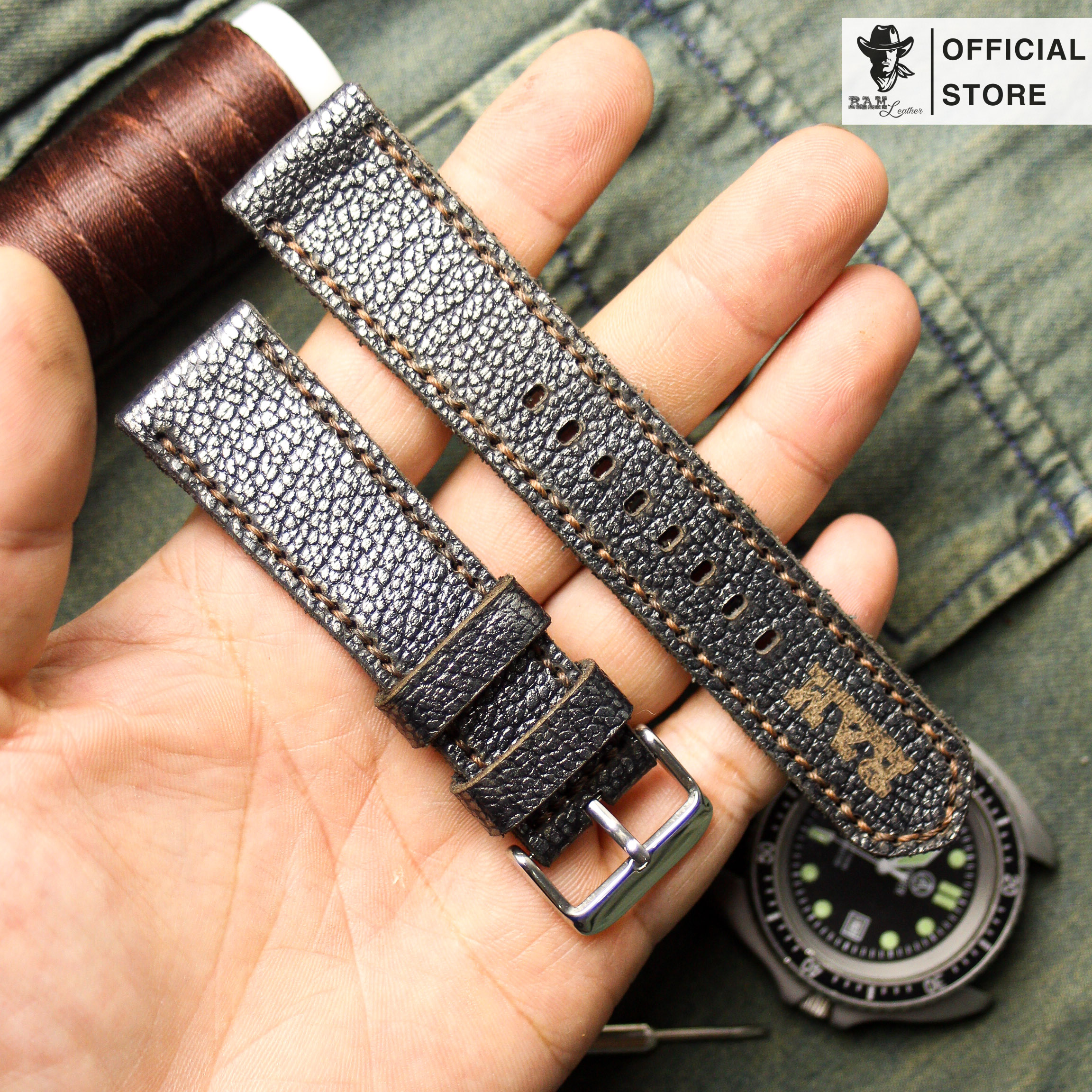 Dây da đồng hồ siêu bền da bò bản bền đẹp ram leather classic 1956 màuthép đen kim tuyến chính hãng ram leather