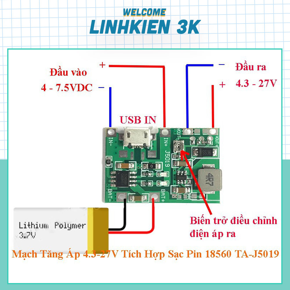 Mạch Tăng Áp 4.3-27V Tích Hợp Sạc Pin 18650 TA-J5019