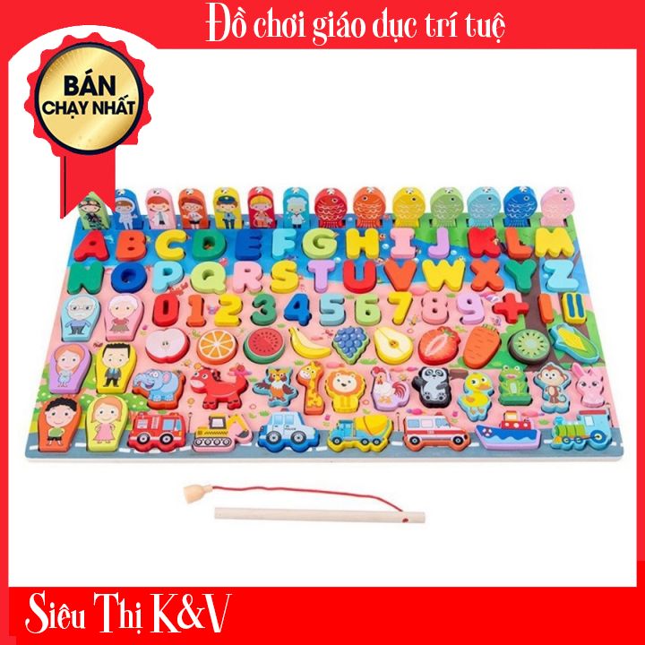 Bộ đồ chơi câu cá và ghép hình học, câu cá 7 dòng chữ số, chữ cái, phương tiện nhiều chi tiết bằng gỗ kv10