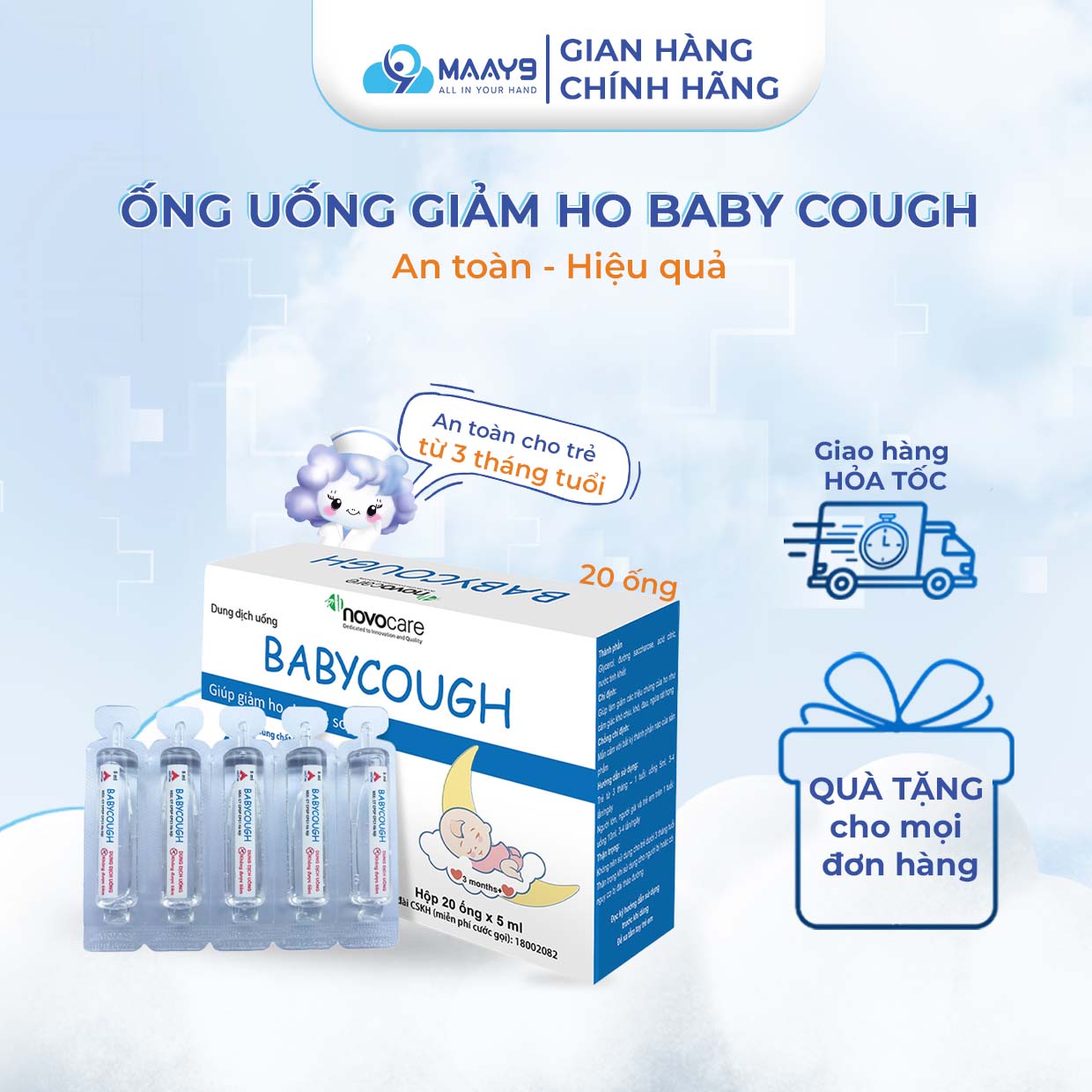 Siro ho cho bé Novocare Baby Cough, hỗ trợ giảm ho nhanh, tại chỗ an toàn, vị thơm ngon, dễ uống