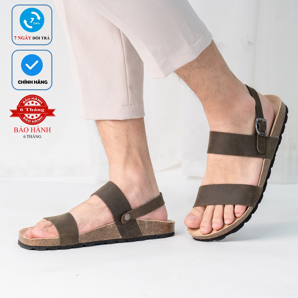 [ DA BÒ THẬT ] D15 - Sandal DA BÒ Đế Trấu Quai Ngang Unisex Nam nữ Birken Vietnam Bioline