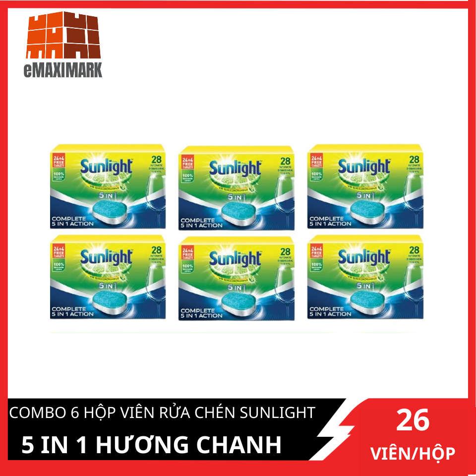 [Hàng nhập khẩu] Combo 6 hộp Viên rửa chén Sunlight 5 in 1 Hương chanh 28 viên/hộp X6(made in France)
