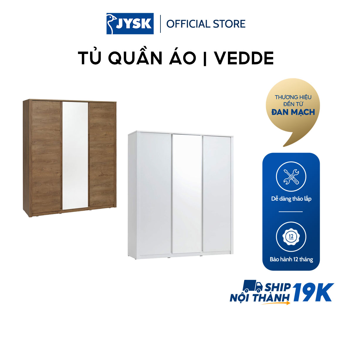 Sale: 13% – Tủ quần áo | JYSK Vedde | gỗ công nghiệp | màu sồi đậm/trắng | R166xS54xC197cm