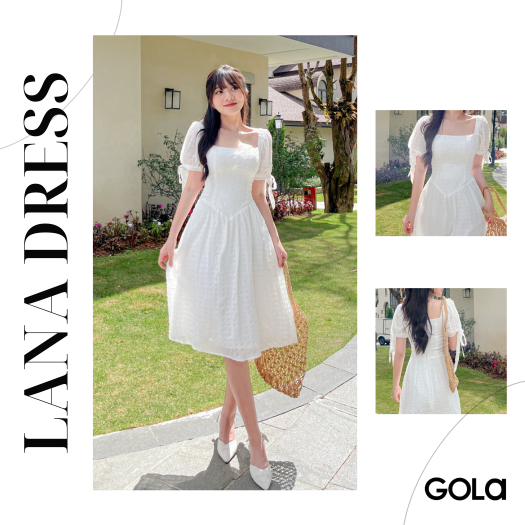 Đầm LANA- Đầm Midi cổ vuông dài họa tiết nổi
