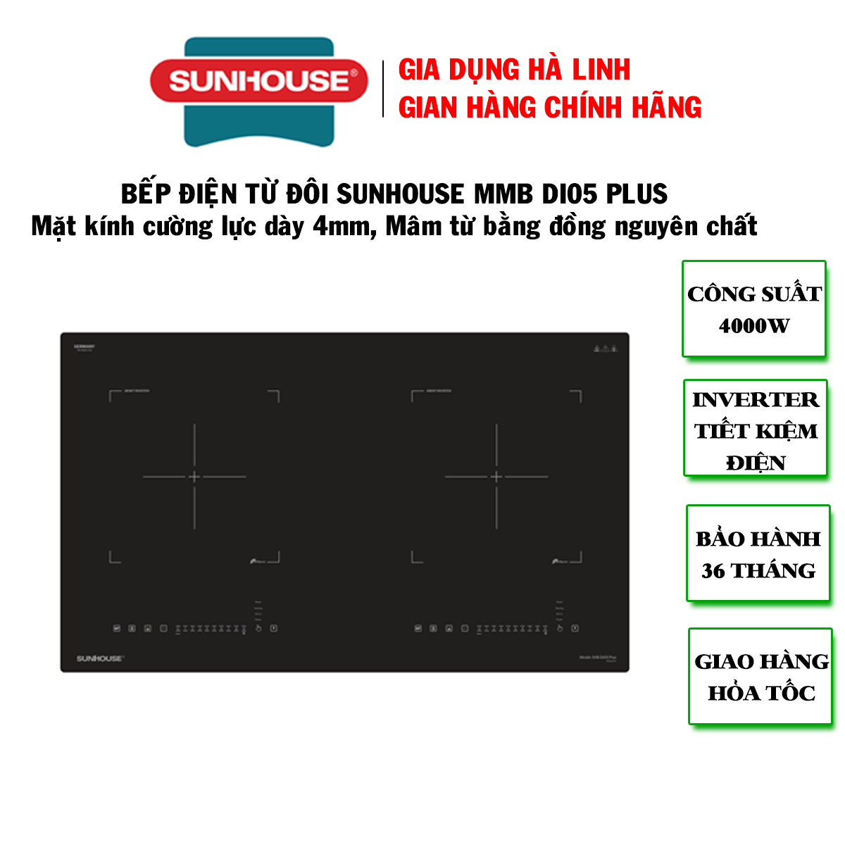 Bếp đôi điện từ Sunhouse SHB-DI05 PLUS, Tổng công suất 4000W, Mặt kính cao cấp có khả năng chịu lực chịu nhiệt tốt, Tự động ngắt khi quá tải, Bảo hành 36 tháng tại nhà