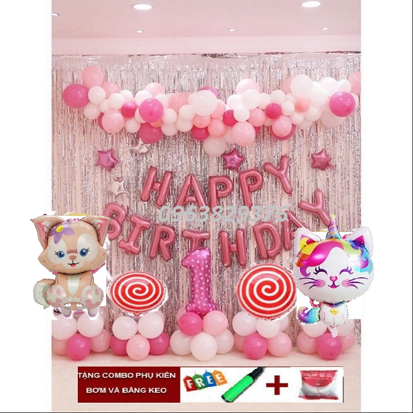 Bộ Bóng Trang Trí Sinh Nhật cho bé gái đáng yêu+2 Rèm Kim Tuyến+ Bóng Nhũ tặng kèm bơm, băng dính
