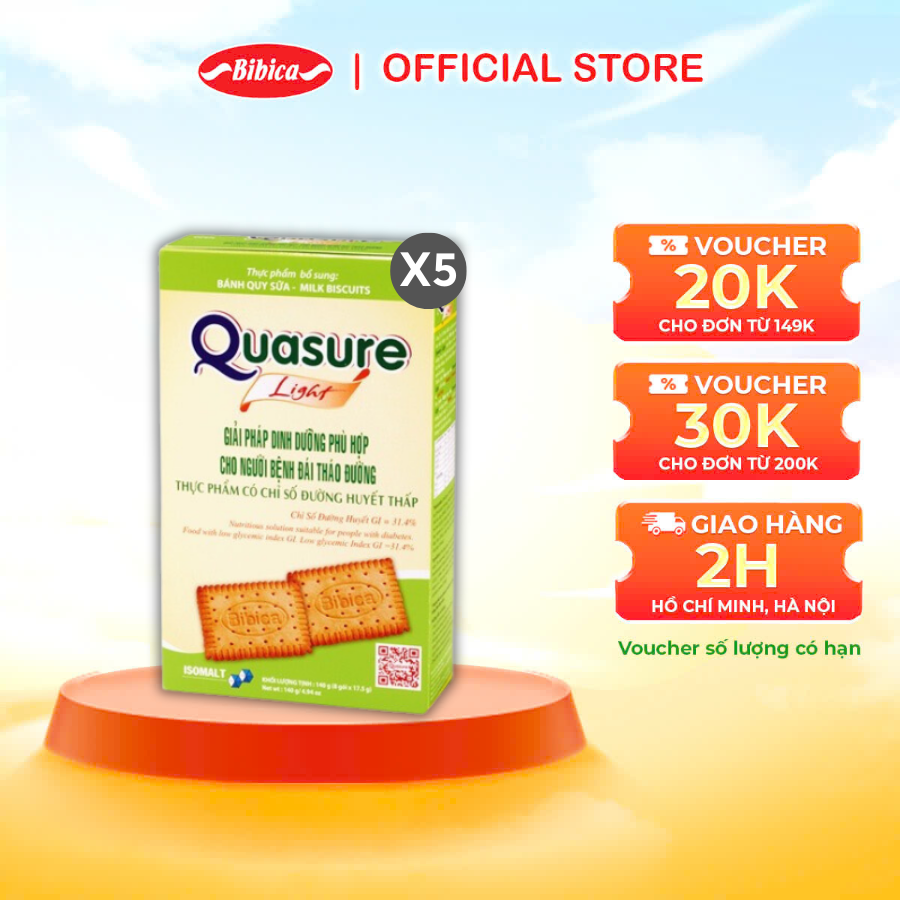 Combo 5 Hộp Bánh Quy Quasure Light Sữa Bibica 140g - Thực phẩm dành cho người ăn kiêng, tiểu đường