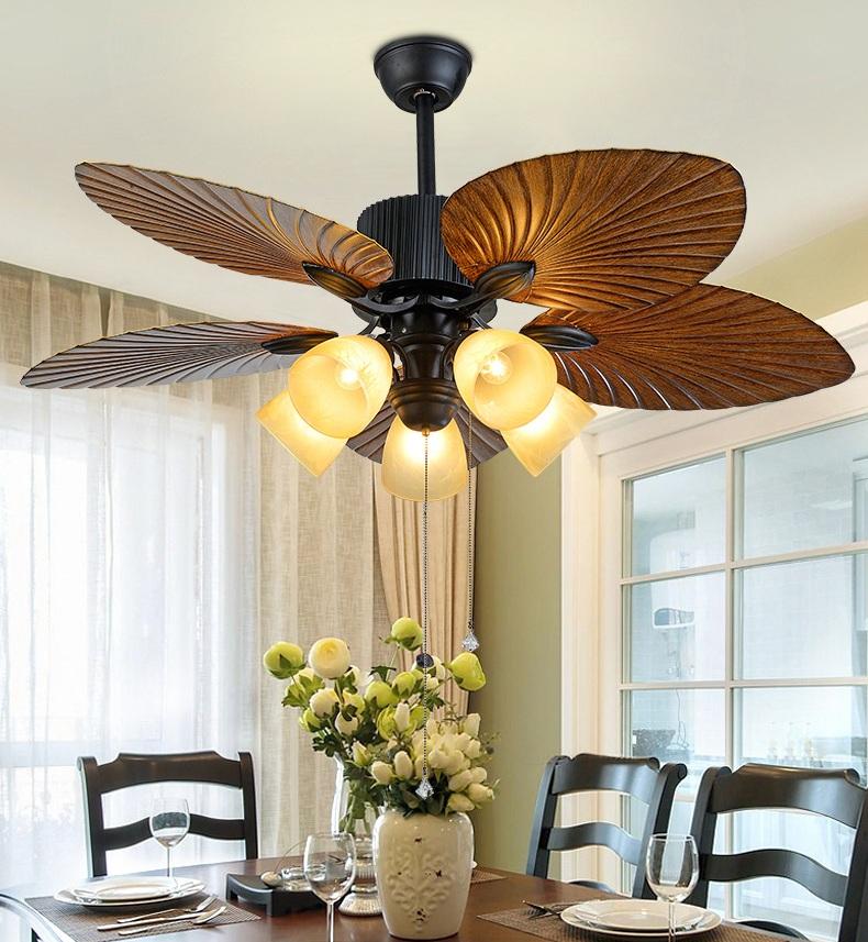 Đèn quạt trần cánh lá sang trọng, Đèn Quạt phòng khách, Đèn Quạt khách sạn, nhà hàng [5 cánh 52inch, 5 bóng đèn]